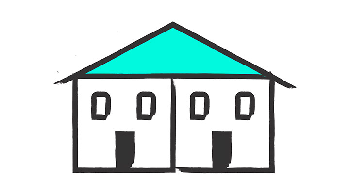 Einfache Illustration einer symmetrischen Doppelhaushälfte mit türkisfarbenem Dach und weißer Fassade. Das Gebäude hat vier Fenster (zwei pro Haushälfte) im Obergeschoss und zwei Eingangstüren im Erdgeschoss. Eine vertikale Linie in der Mitte trennt die beiden Haushälften optisch. Das Design zeigt die typische Architektur einer Doppelhaushälfte.