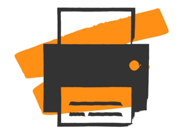 Icon eines Dokumenten-Scanners oder Druckers in orange und schwarz, dargestellt als Gerät mit Papiereinzug und Ausgabefach.