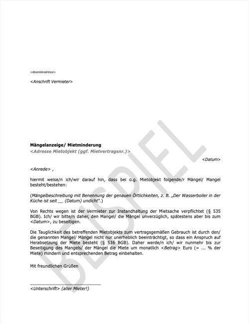 Mietminderung Musterbrief