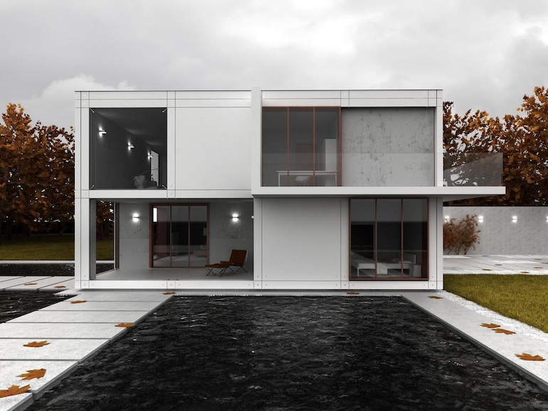 Modernes Haus mit Herbstlaub und Pool
