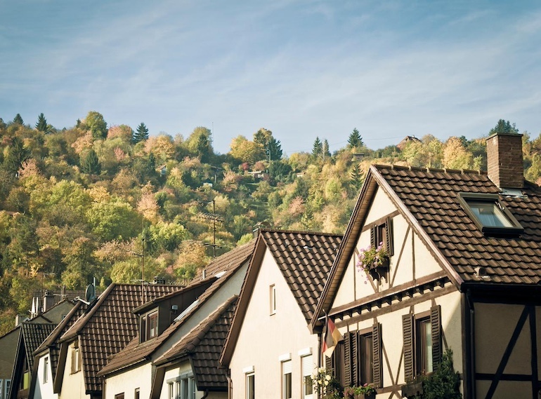 Eine Reihe älterer Häuse, im Hintergrund sieht man Wald