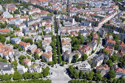 Häuser in Großstadt aus der Vogelperspektive