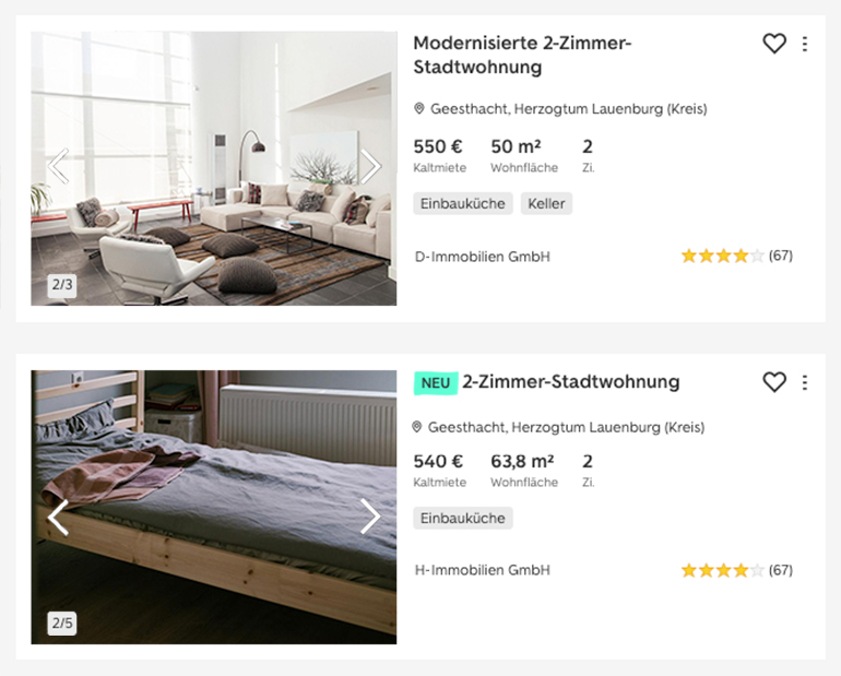 Zwei Beispielanzeigen von Immobilien, die obere ist hell belichtet und freundlich, die untere ist dunkel und hat einen schlechten Bildausschnitt