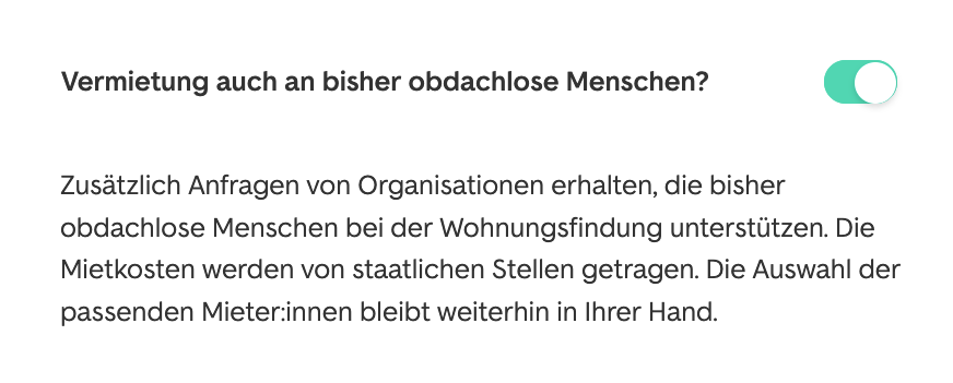 Checkbox "Vermietung an bisher obdachlose Menschen"